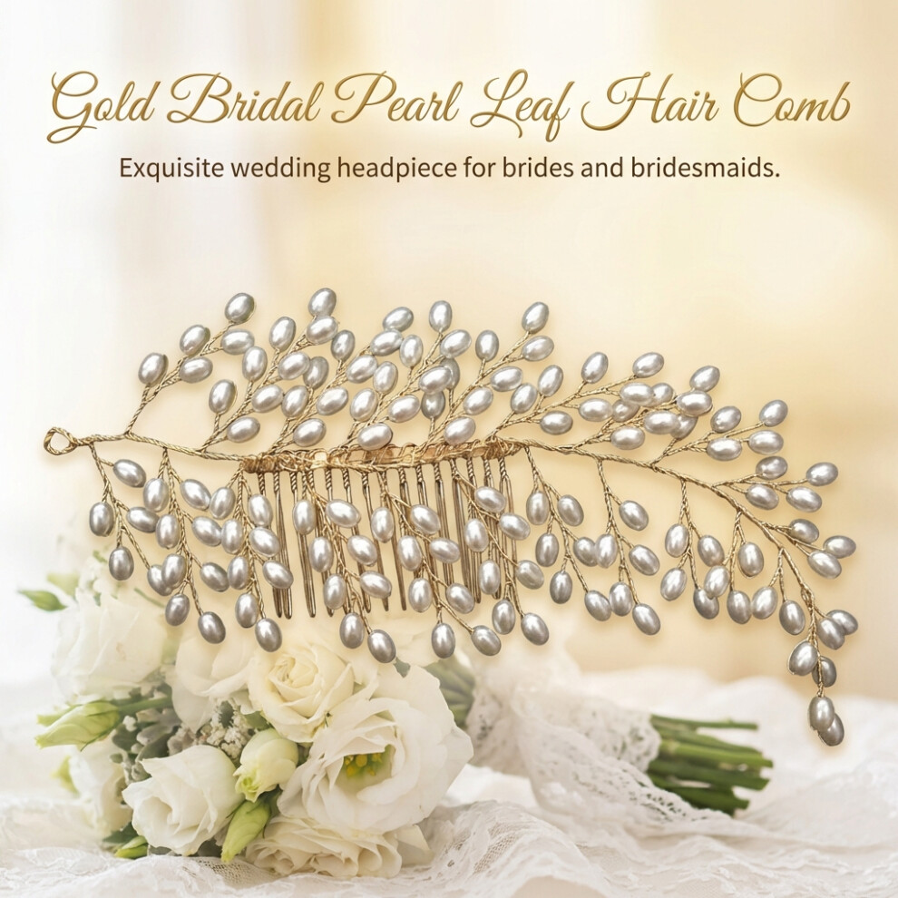 Zhouq-Outdoors Pearl & Leaf Wedding Hair Comb - Gold Plated