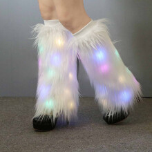 (White Haired Legs With Lights) Furry Leg Warmers for Women - Boot Cuffs, Xmas Cosplay