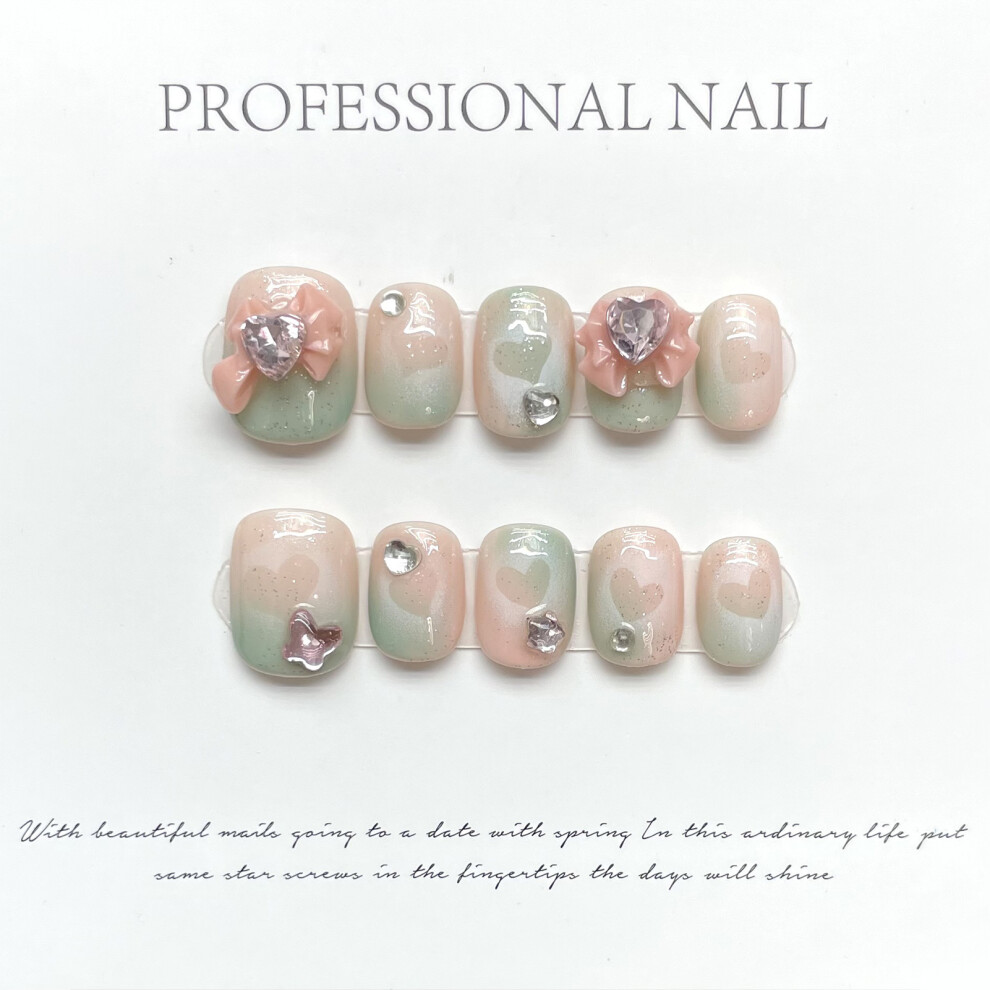 Roc-Electron (Xs) Gradient Pink Green Fake Nails - Easy Apply For Women