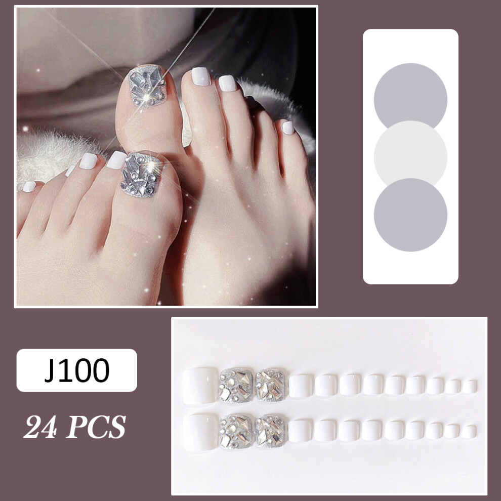 Zhouq-Outdoors (Jelly Glue Model) 24Pcs Glossy White Fake Nails With Diamonds