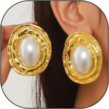 Vintage Pearl Earrings for Women Gold Geometric Oval Studs