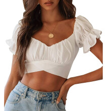 Top alla moda con maniche a volant e design a spalle scoperte, sexy crop top con nodo frontale, maniche corte a sbuffo, camicetta casual con scollo a