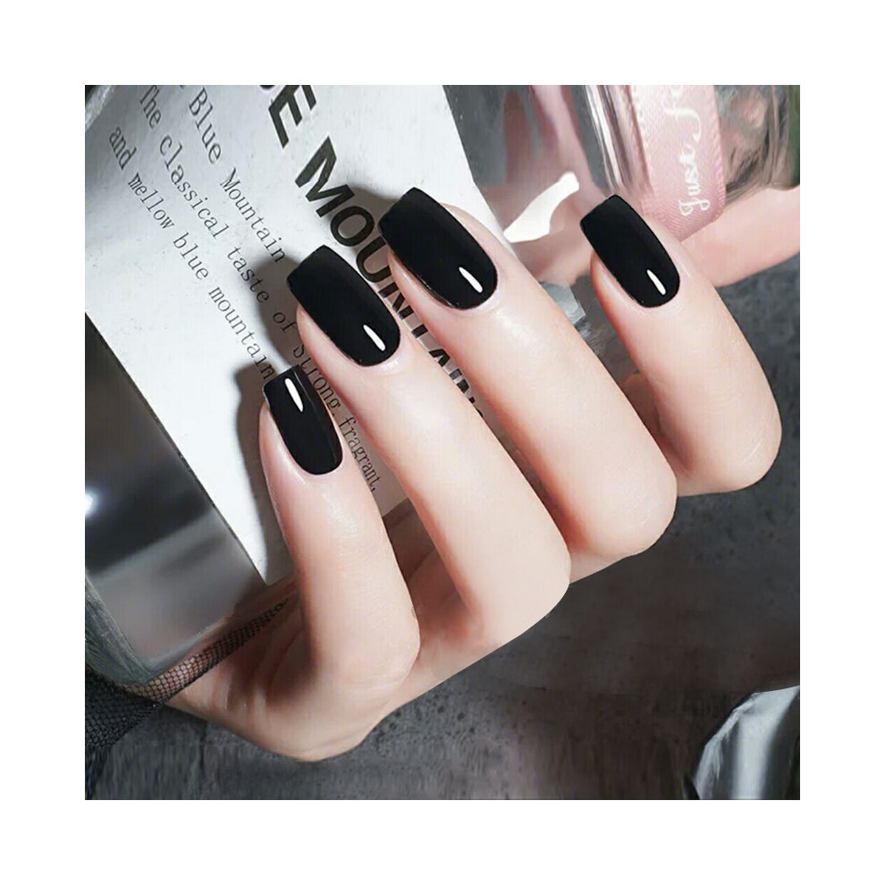 Phui-Pet-Supplies (Jelly Glue Model) 24Pcs Black Fake Nails Long Flat Press On With Glue