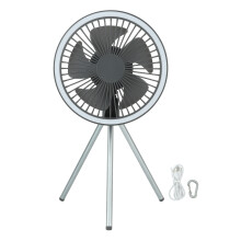 Ventilador recarregável com luz LED, silencioso, fluxo de ar potente, portátil para uso interno e externo, ângulo ajustável, alça para pendurar,