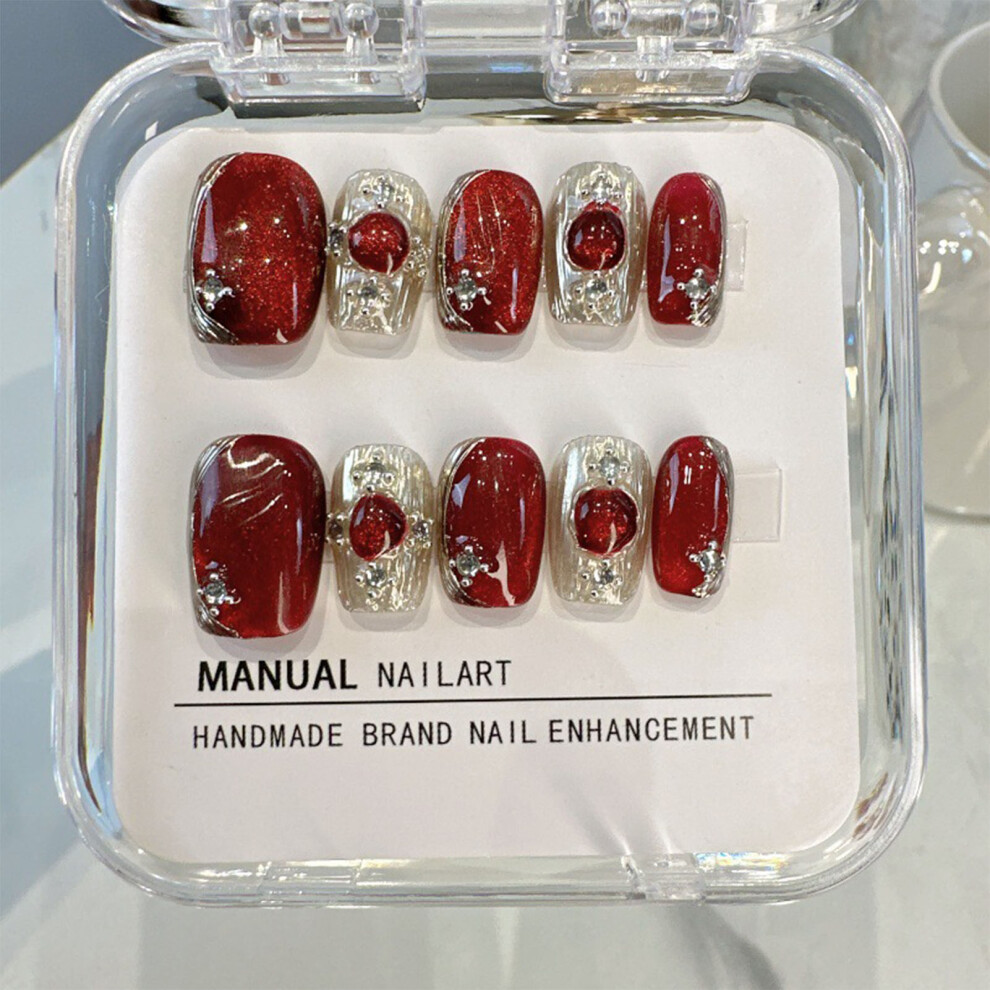 Reach-Tools Red (New Short Square) 10Pcs Glossy Short Coffin Fake Nails For Women