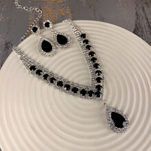 (Black) Bridal Rhinestones Necklace & Earrings Set for Gowns