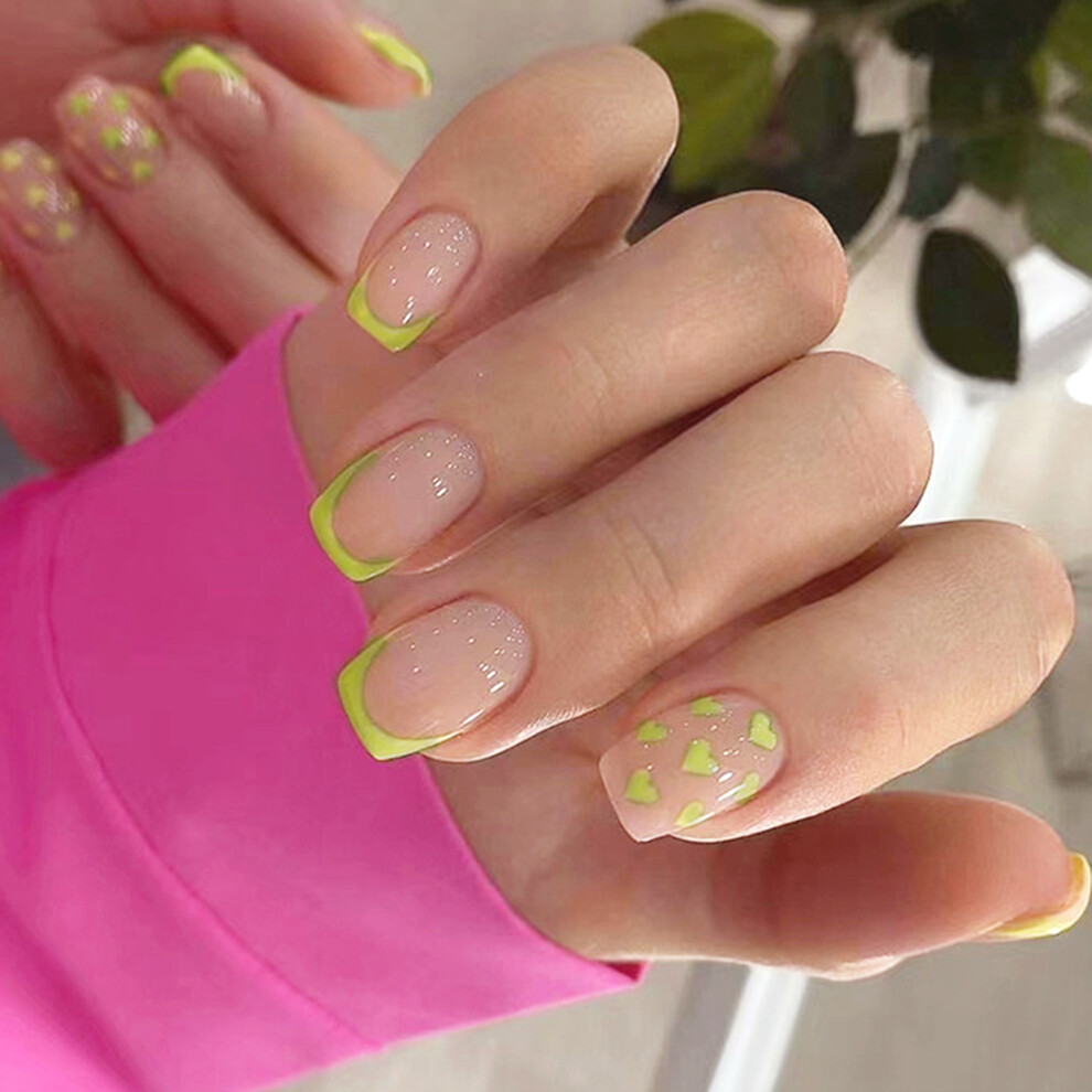 Creation-3C Glossy Nude Fake Nails With Green Tips, Resin Material