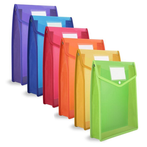 6 Pcs A4 Plastic Wallets Folders Popper Wallet Document Pockets Envelope File Folder with Button Closure Card Slot