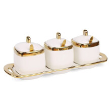 3Pcs Ceramic Condiment Pots Porcelain Sugar Bowls Decorative Gold Salt Containers Pepper Boxes Kitchen Spice Jars,A