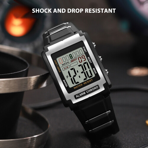 Rectangular Digital Sports Watch Waterproof Luminous Large Screen Black 2