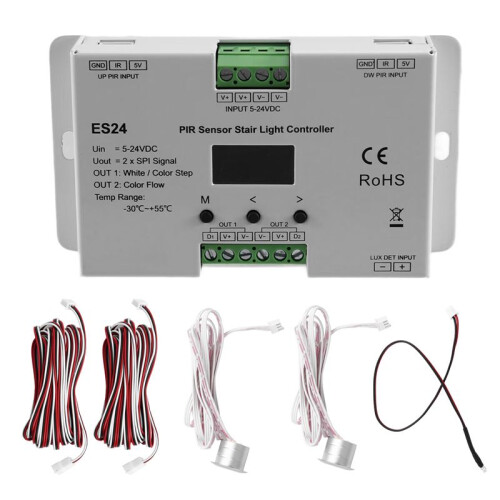 5-24VDC PIR Sensor 24 Steps Stair Light Controller ES24 24CH Single Color RGB Pixel SPI Stairway Light Led Controller