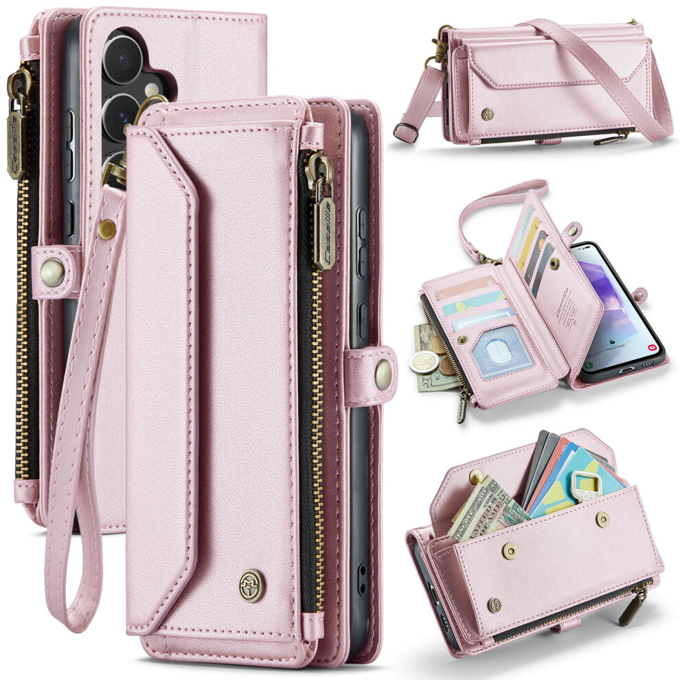 Compatible With Samsung A35 Case Â Rfid Blocking, Shockproof Pu Leather Magnetic Flip Wallet Case With Zipper & Card Holder, Pink 9009879613909