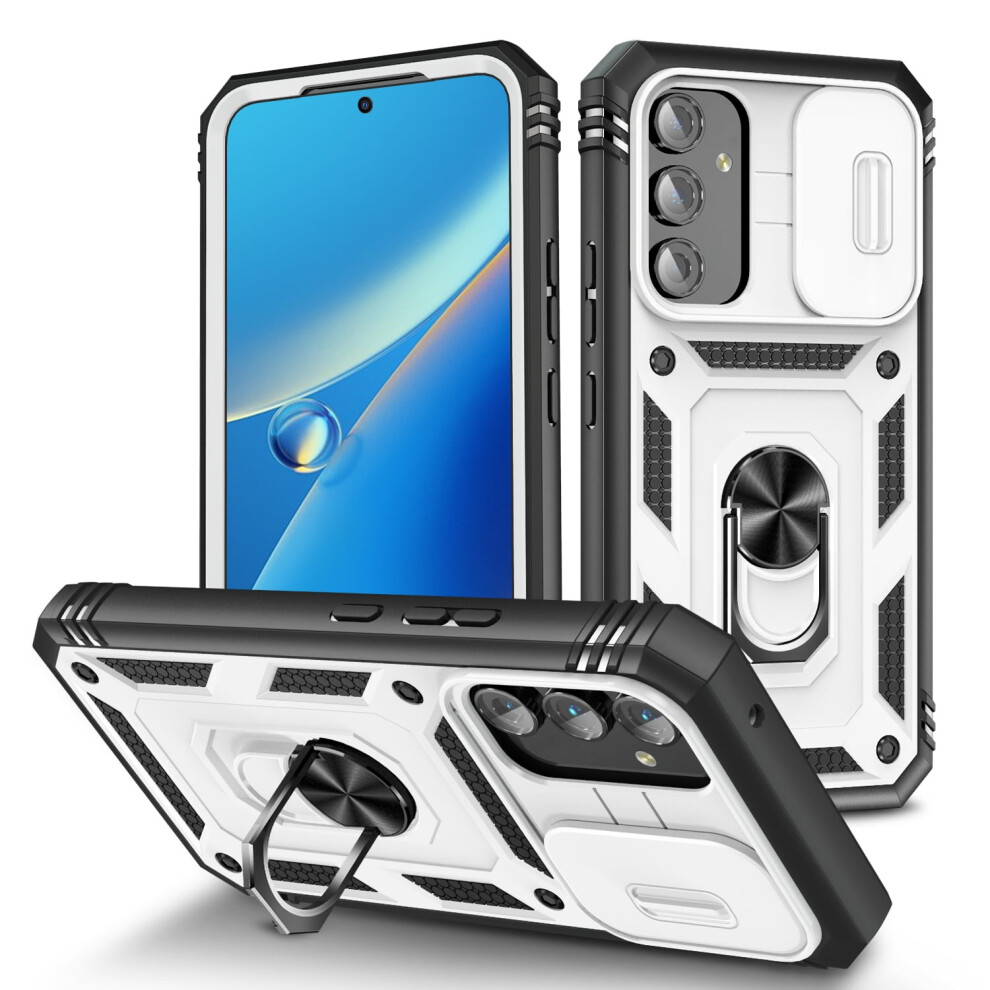 Compatible With Samsung Galaxy A25 5G Case Â Rugged Shockproof Hybrid Cover With Slide Lens Cover, Finger Ring & Kickstand Â White/Black 9009879615309