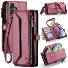 Compatible with Samsung A35 RFID Blocking Wallet Case – Shockproof PU Leather Magnetic Flip, Zipper Card Holder, Winered