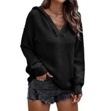 Gerippte Strick-Sweatshirts für Damen, Kapuze, V-Ausschnitt, lange Ärmel, leichte Pullover, lässige Outfits, Fledermausärmel, überschnittene