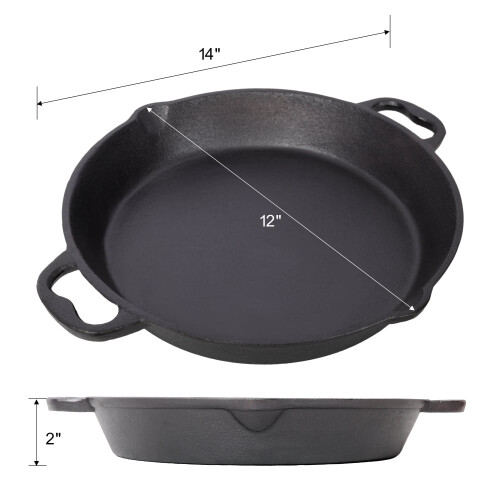 Pre-coated Cast Iron Frying Pan Flat Bottom Dual Handles 12