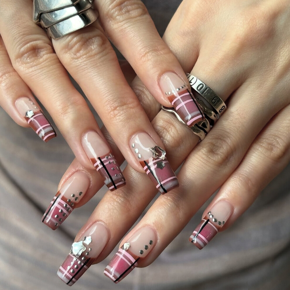 Creation-3C 24Pcs Scottish Striped Fake Nails Glossy Kit