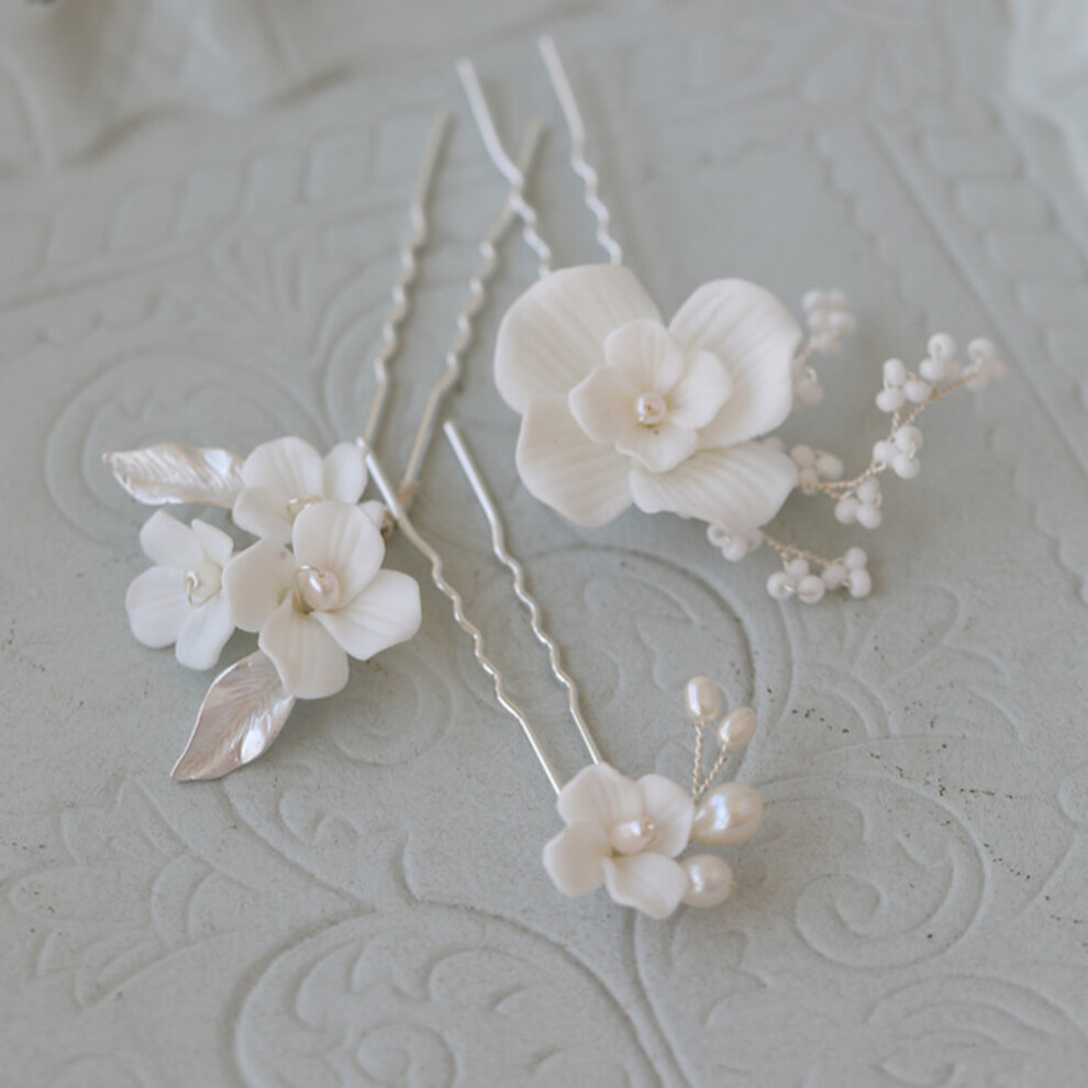 Reach-Tools (Silver) 3Pcs Women U-Shape Hairpins With Ceramic Flowers