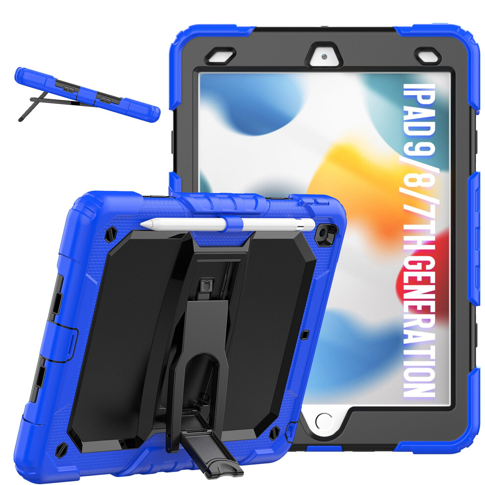 Shockproof 3-Layer Case For Apple Ipad 9Th/8Th/7Th Gen 10.2" (2021), Dark With Shoulder Strap & Kickstand Blue 9009879619680