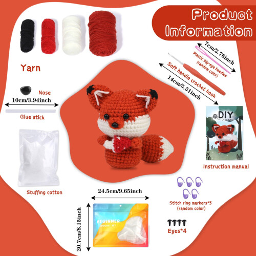 Handmade DIY Crochet Kit: Little Fox Doll Pack w/ Video Tutorials & Full Accessories – Compatible with Beginners 2