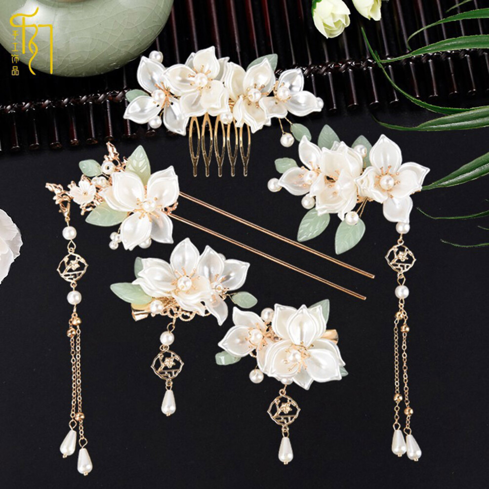 Hue-Grain (1) Pearl Flower Hair Sticks With Tassel, Hanfu Gift Set