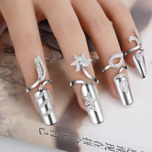 Silver Rhinestone Nail Rings for Women 8-Pack 2