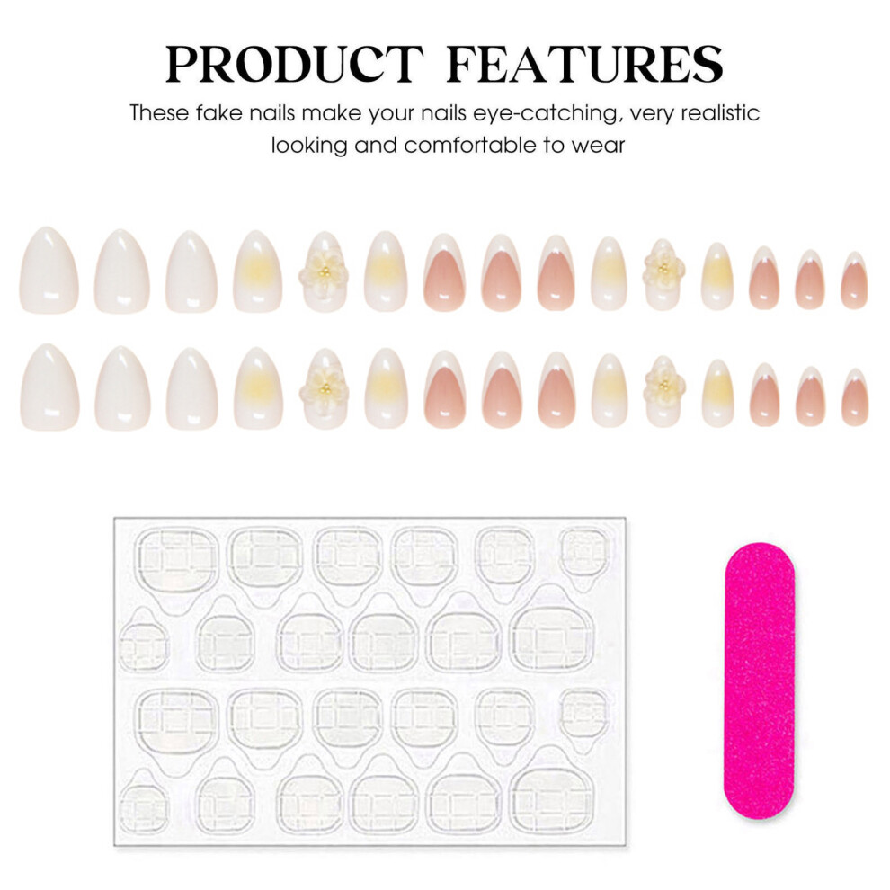 Creation-3C French Flower Press-On Nails, White Diy Nail Art