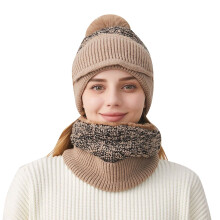 Winter Hat Scarf Three Piece Set For Women Outdoor Velvet Warm Cycling Windproof Knit Hat
