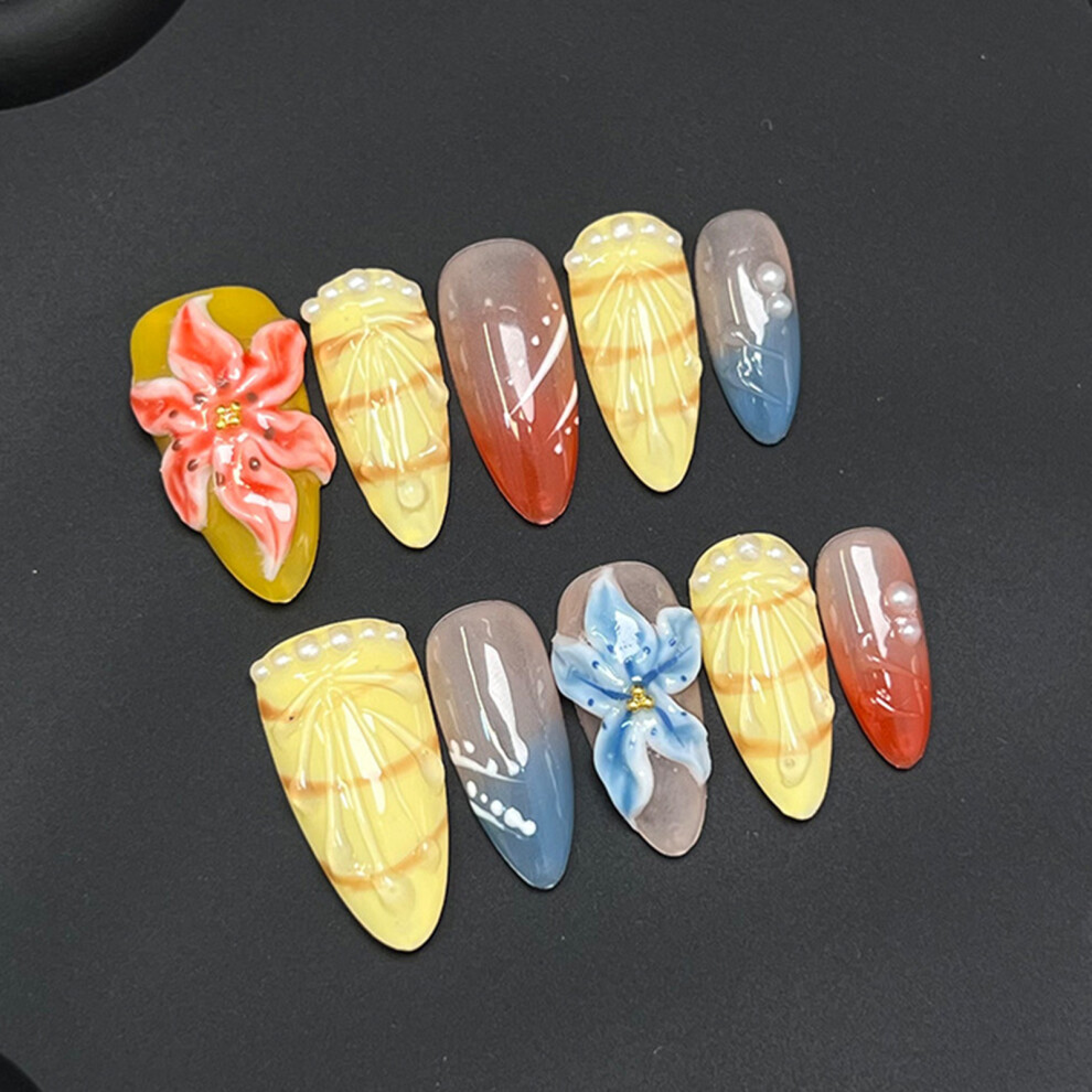 Dachuang Beauty (M) 10Pcs Flower Fake Nails, Long Lasting Salon Supply