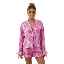 (L, Rose Red) Women's Christmas Pajama Sets Fashionable Santa Printed Long Sleeve Tops with Shorts 2Pcs Soft Sleepwear