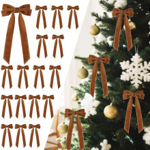 Senjie 16Pcs Velvet Ribbon Bows for Christmas Tree, Garland, Wreath, Gift Wrapping – Light Brown, 5"x10", 1" Wide, Compatible with DIY Decor