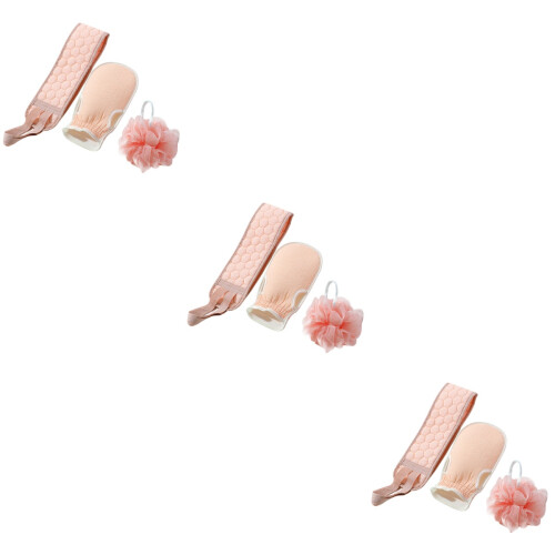 3Sets Rosafarbene Duschaccessoires Mit Peelinghandschuh Und Badetuch 1