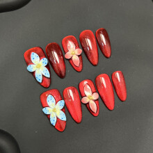 (L) 10PCS Red Floral Fake Nails - Party & Daily Wear