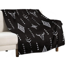 Southwestern Aztec Tribal Throw Blanket, 60"x80", Bull Skull & Geometric Design, Soft 330GSM Flannel, Machine Washable, Rustic Black & White