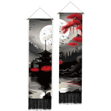 2-Pack Moon Mountain Tapestry – Forest Silhouette, Long Narrow Vertical Wall Hanging with Tassels, Aesthetic Home Decor for Bedroom & Living Room