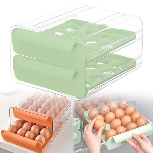 2-Layer Egg Storage for Fridge, 32-Grid PET/PP Egg Holder with Handles, Compatible with Standard Refrigerators
