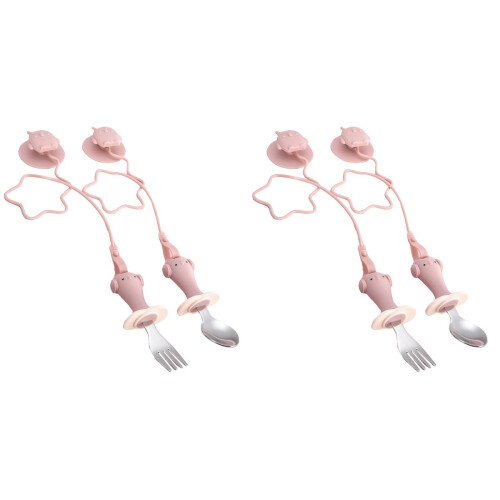 2Ensembles Ensemble Couverts Bébé Silicone Rose Ventouse Anti-Chute