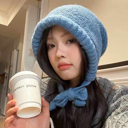 (Sky Blue) Warm Winter Beanie with Straps - Solid Color Head Warmer 1
