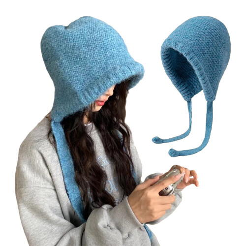 (Sky Blue) Warm Winter Beanie with Straps - Solid Color Head Warmer 2