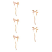 5Pcs Golden Vintage Bow Hair Pins U Shaped Metal Rhinestone Bun Clips