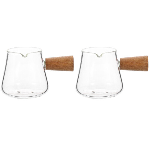 2Pcs Home Glass Creamer Pitcher Cups, Transparent with Wood Handle