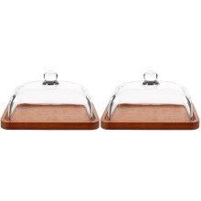 2Pcs Practical Butter Tray with Wooden Base and Transparent Glass Lid