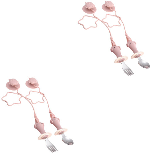2Sets feeding spoon and Fork Set Pink Suction Cup Design 2