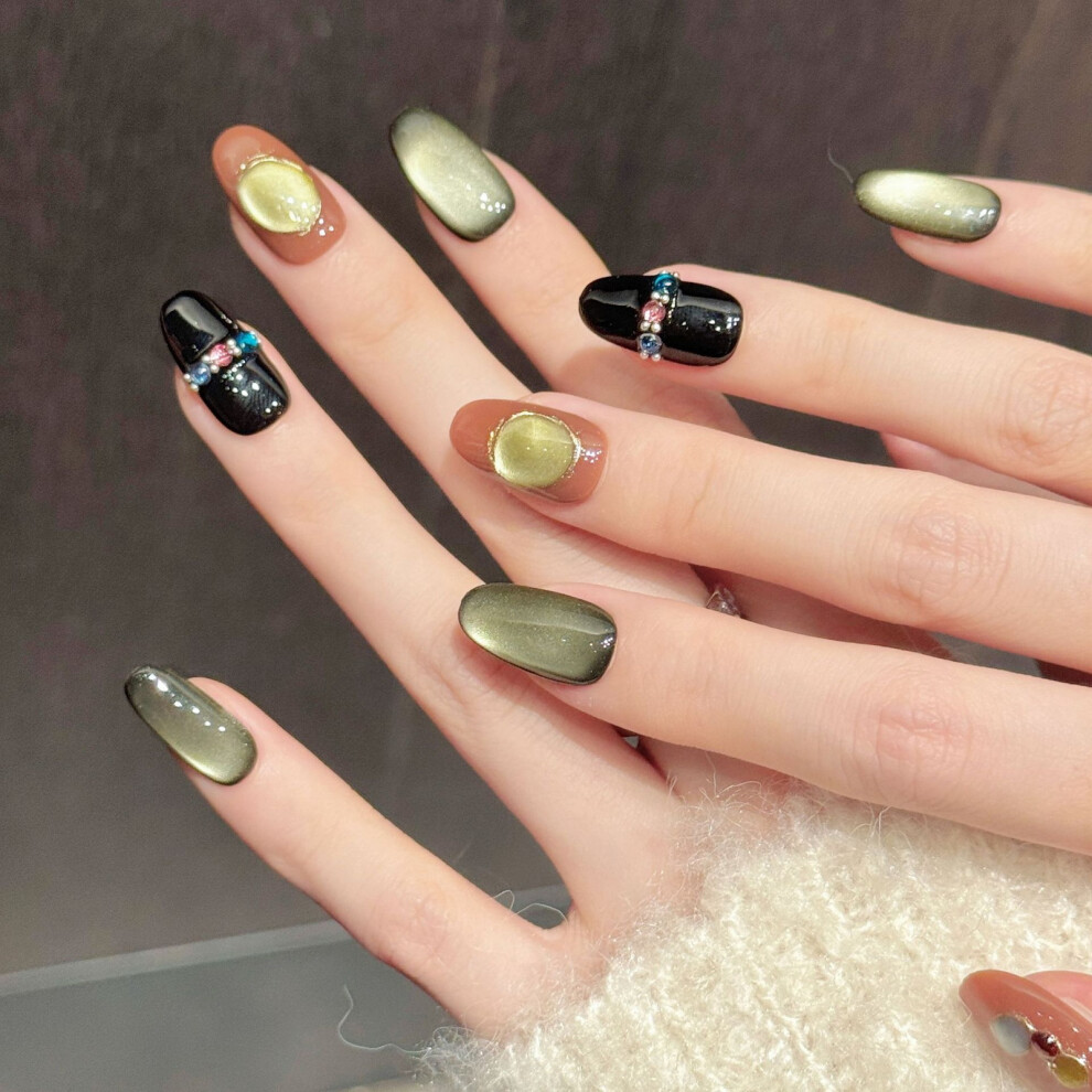 Dachuang Beauty (3349 Short Oval, S) 10Pcs Glossy Cat Eye Fake Nails Uv Gel Coating