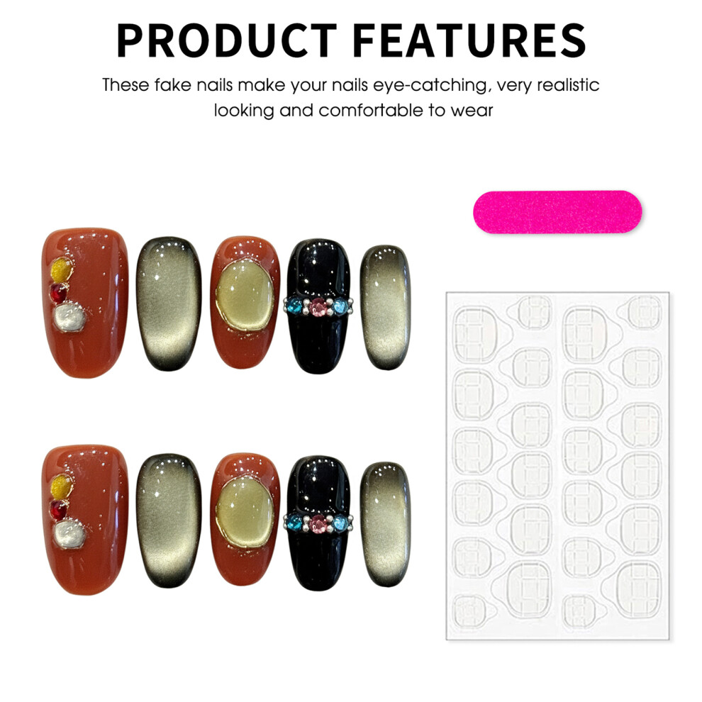 Dachuang Beauty (3349 Short Oval, L) 10Pcs Glossy Cat Eye Fake Nails Uv Gel Coating