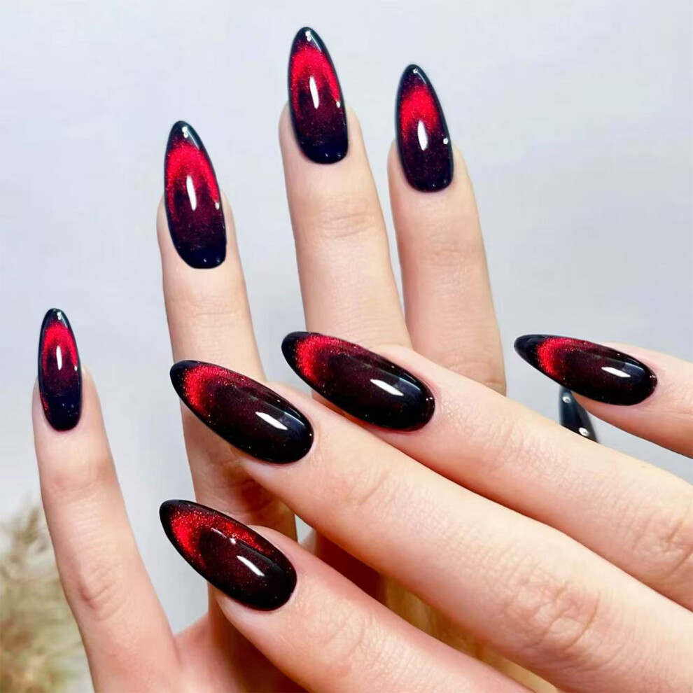 Roc-Electron Glossy Cat-Eye False Nails, 24Pcs, Black & Red