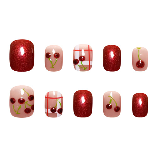 (M) 10PCS Red & White Plaid Press On Nails 2