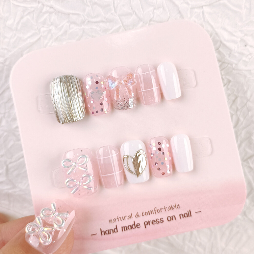 Creation-3C (Xs) Glitter Pink Fake Nails - Square Tips For Daily & Party
