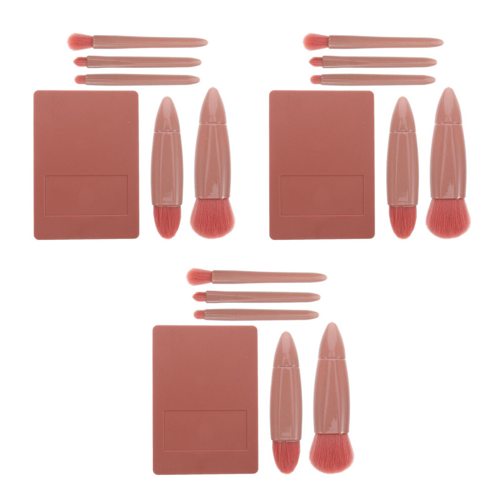Solustre 3Sets Compact Coffee Mini Makeup Brush Set Soft Bristles With Mirror