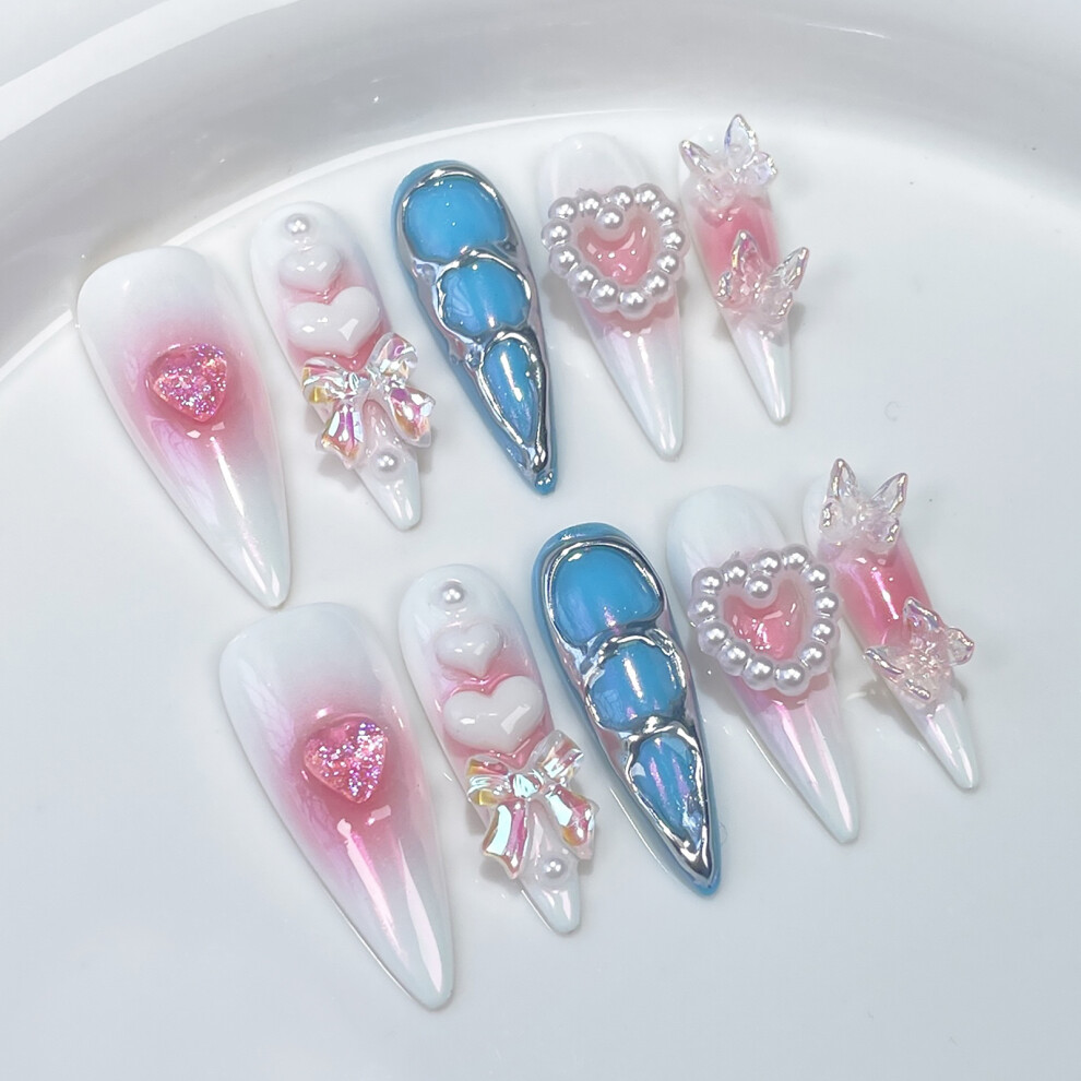 Penghui-Toys (M) White Blue Long Fake Nails With Blush Decor Durable & Never Splitting Comfort Fake Nails For Daily And Parties Wearing